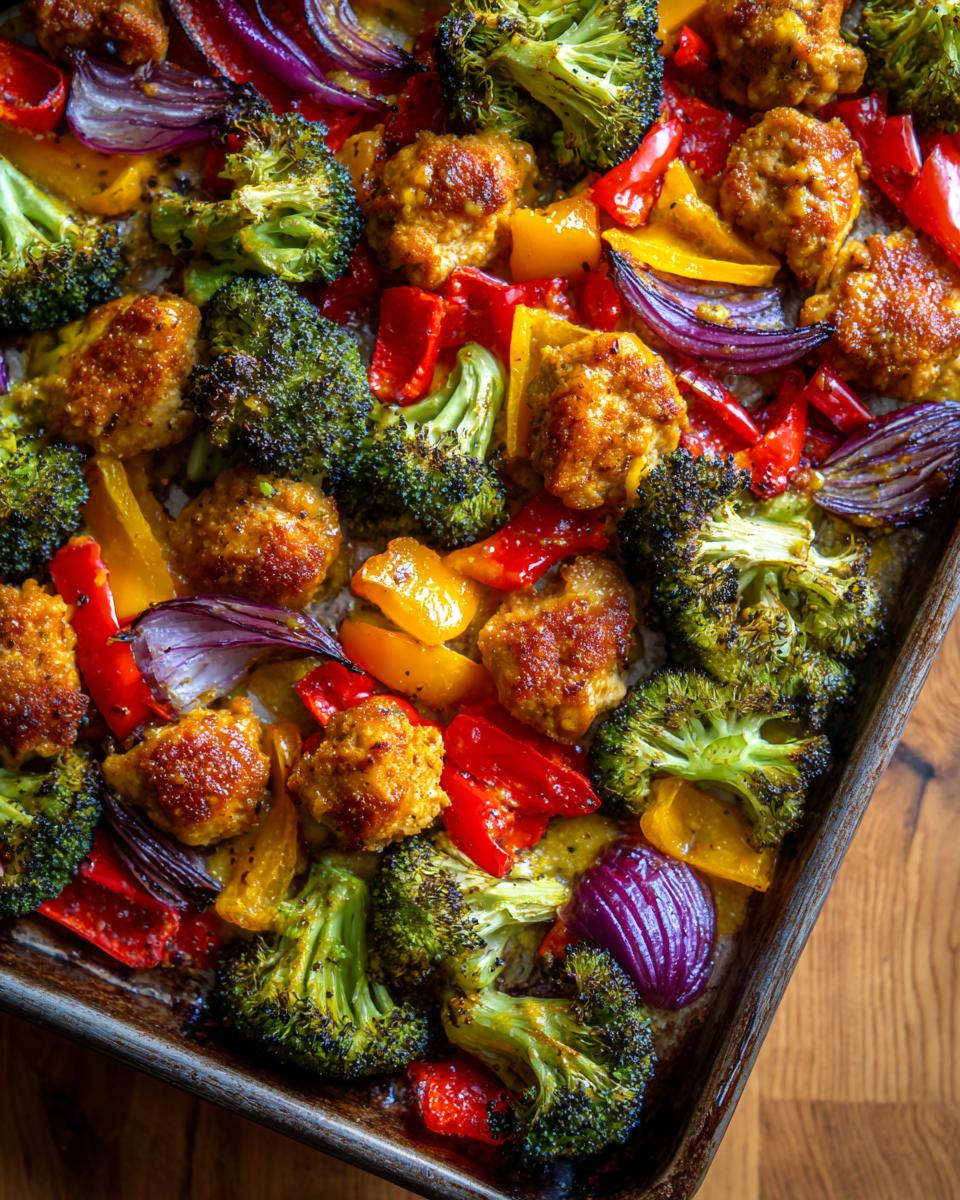 Close-up of honey mustard chicken breast pieces with roasted broccoli, bell peppers, and red onion on a sheet pan.