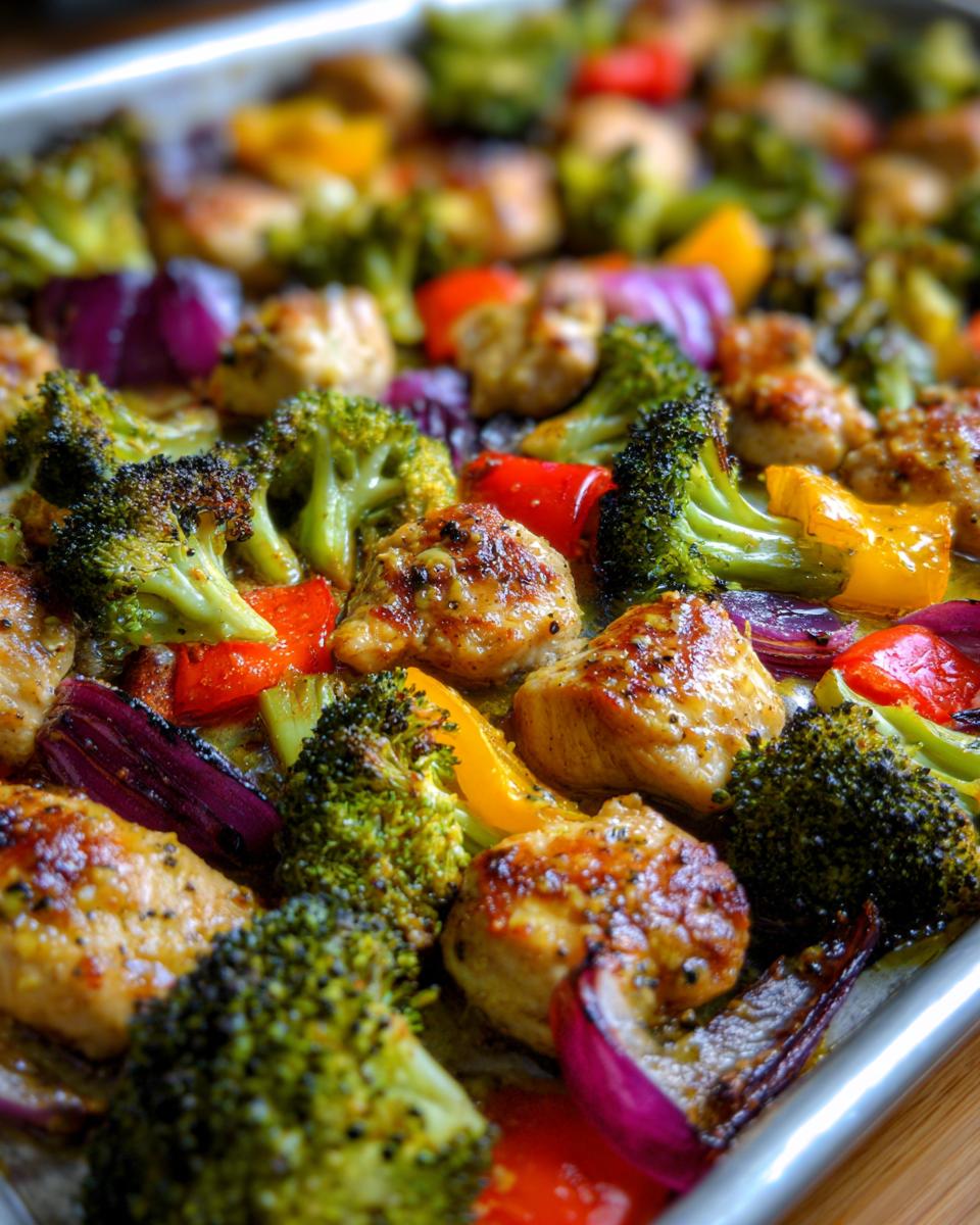 Close-up of honey mustard chicken breast pieces with roasted broccoli, red onion, and bell peppers on a sheet pan.