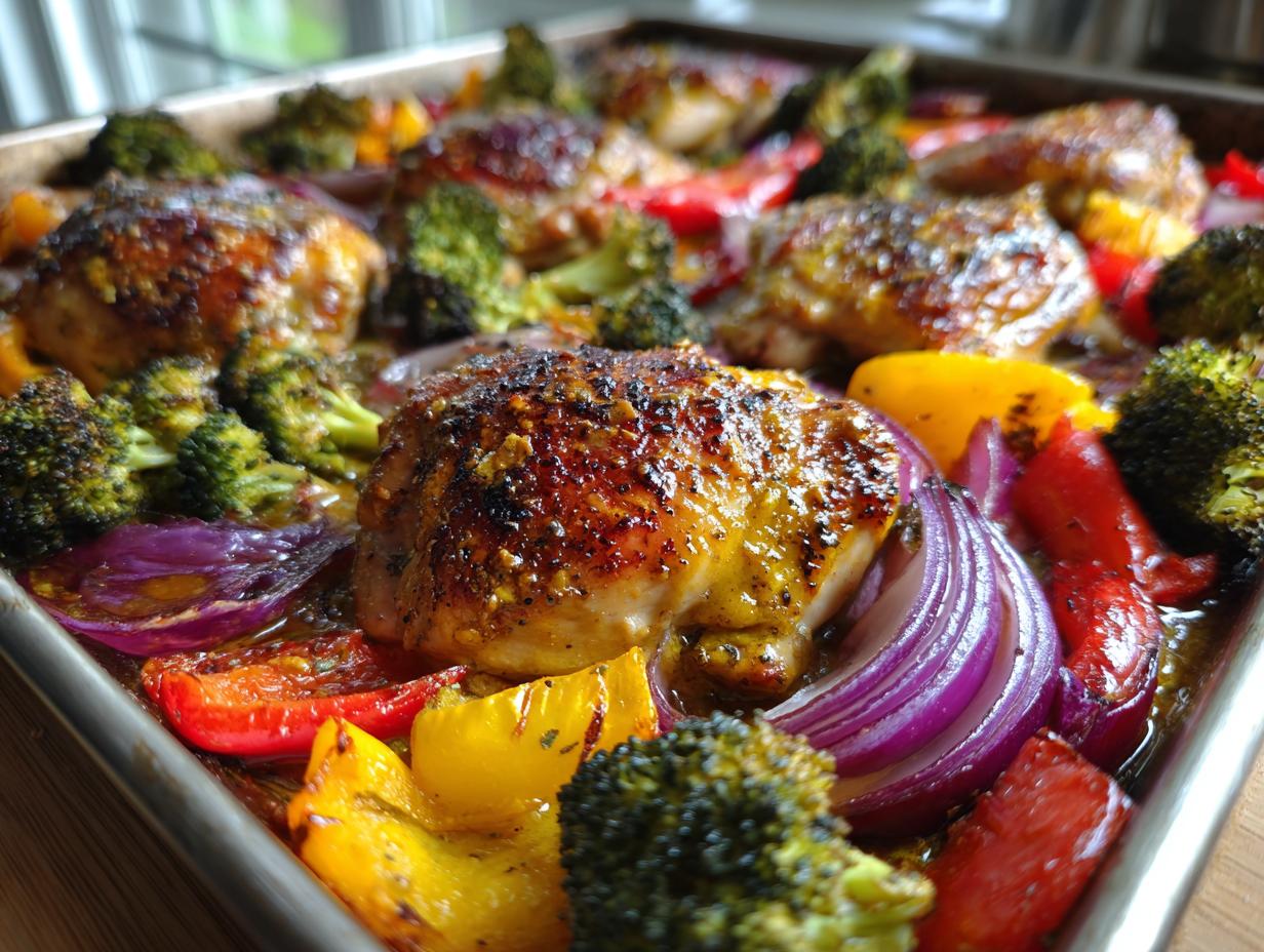 Close-up of honey mustard chicken breast with roasted broccoli, red onion, and bell peppers on a sheet pan.