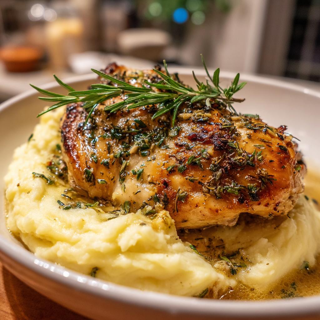 A succulent piece of Irresistible Garlic Herb Chicken served atop a mound of creamy mashed potatoes, garnished with fresh rosemary.