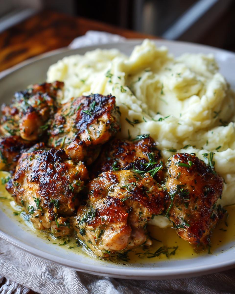 A close-up of Irresistible Garlic Herb Chicken served with fluffy, creamy mashed potatoes, garnished with fresh herbs.