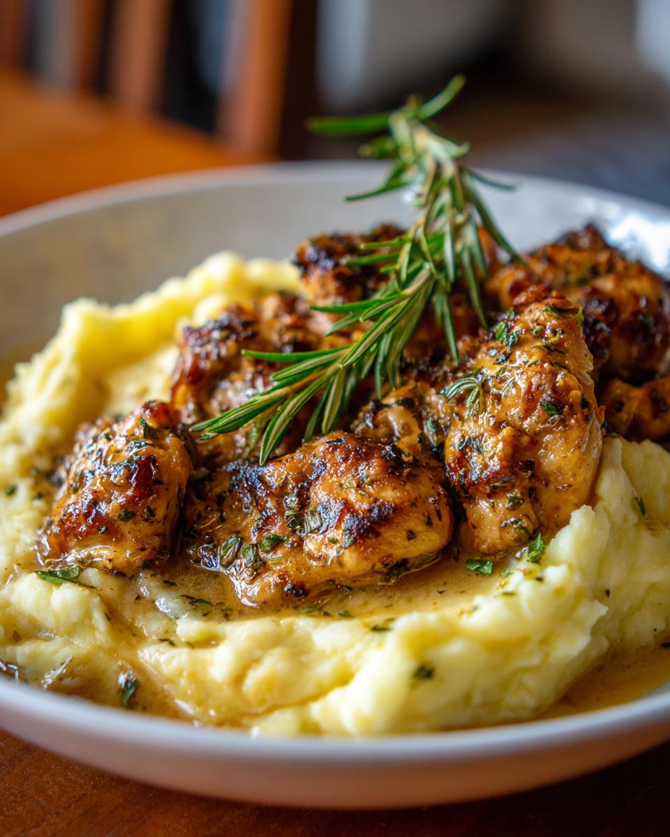 A close-up of Irresistible Garlic Herb Chicken served over a bed of creamy mashed potatoes, garnished with rosemary.