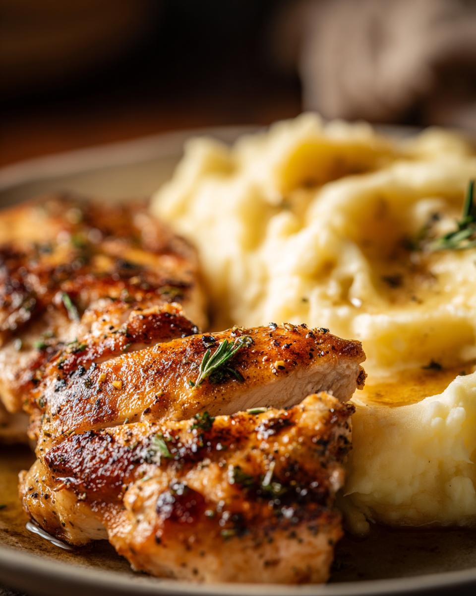 Close-up of sliced Irresistible Garlic Herb Chicken with creamy mashed potatoes, garnished with rosemary.