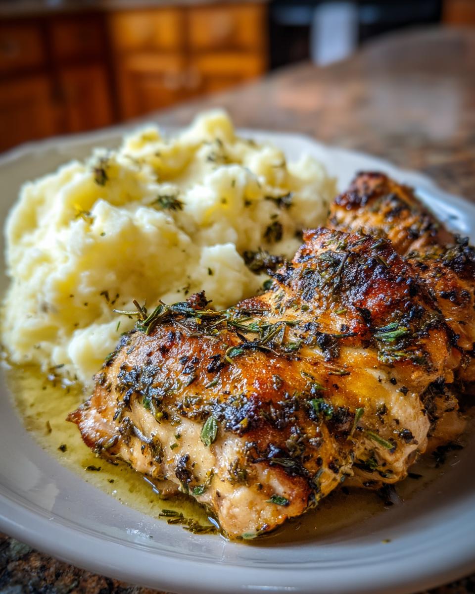 Close-up of Irresistible Garlic Herb Chicken served with a side of creamy mashed potatoes, garnished with herbs.