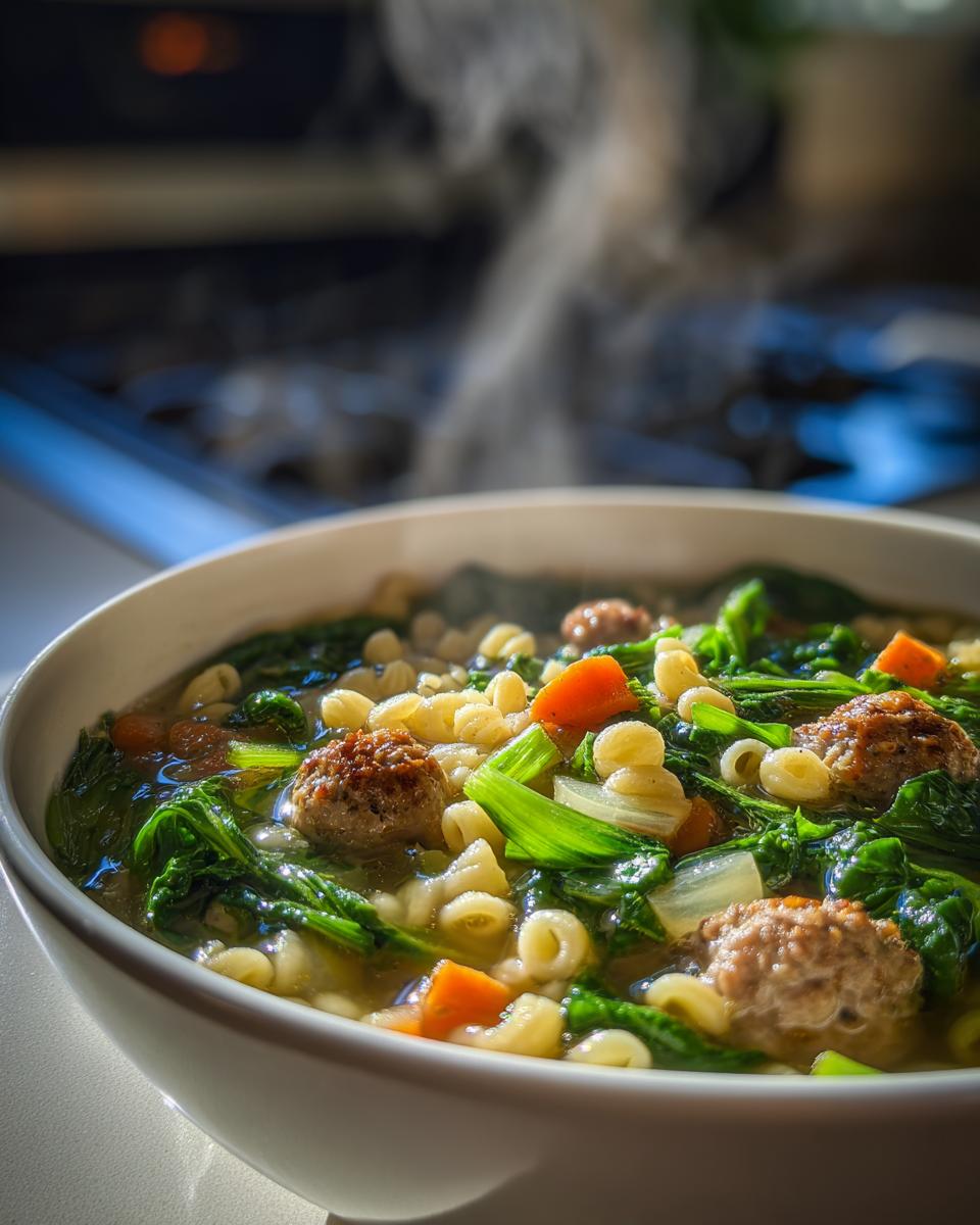 A steaming bowl of Italian Wedding Soup with tiny pasta, meatballs, spinach, and carrots, perfect for chilly nights.