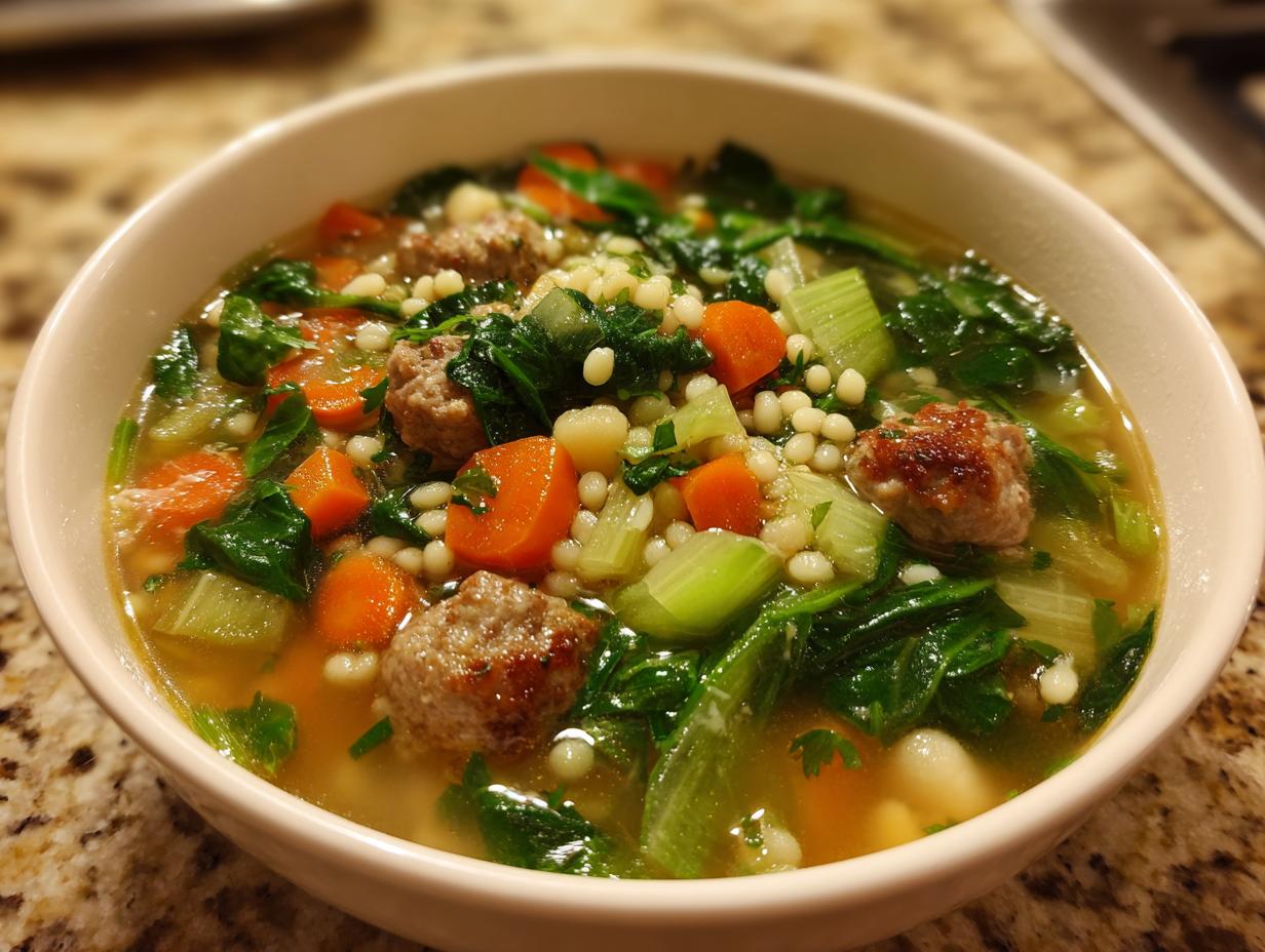 A steaming bowl of Italian Wedding Soup with meatballs, pasta, carrots, and spinach, perfect for chilly nights.