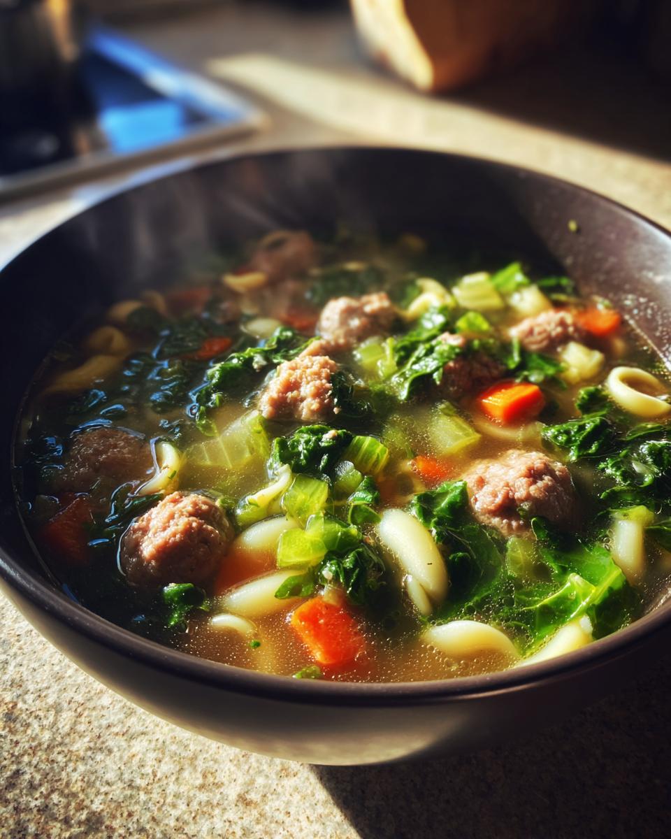 A steaming bowl of Italian Wedding Soup, featuring mini meatballs, pasta, kale, and carrots in a savory broth.