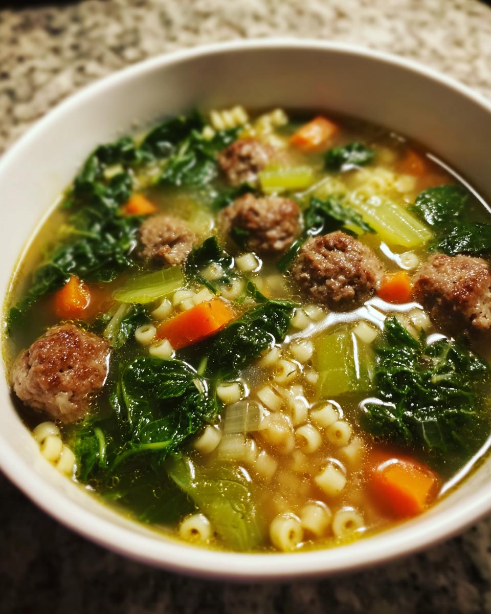 A close-up bowl of Italian Wedding Soup featuring meatballs, ditalini pasta, carrots, and greens.