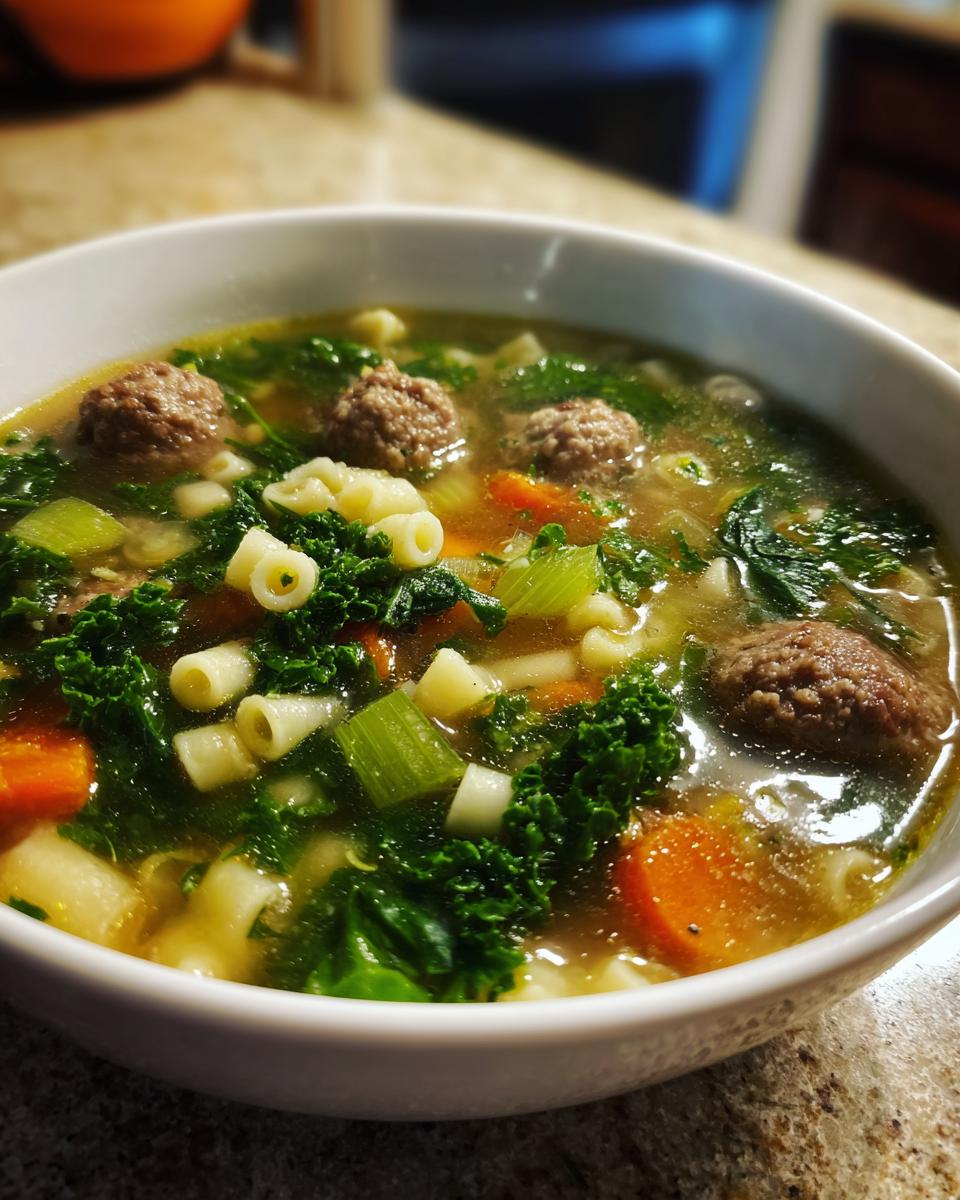 A close-up of a bowl of Italian Wedding Soup, featuring meatballs, ditalini pasta, kale, and carrots in a savory broth.