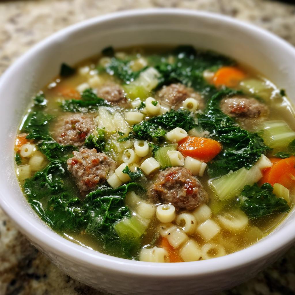 A close-up of a bowl of Italian Wedding Soup, featuring mini meatballs, ditalini pasta, carrots, and greens.