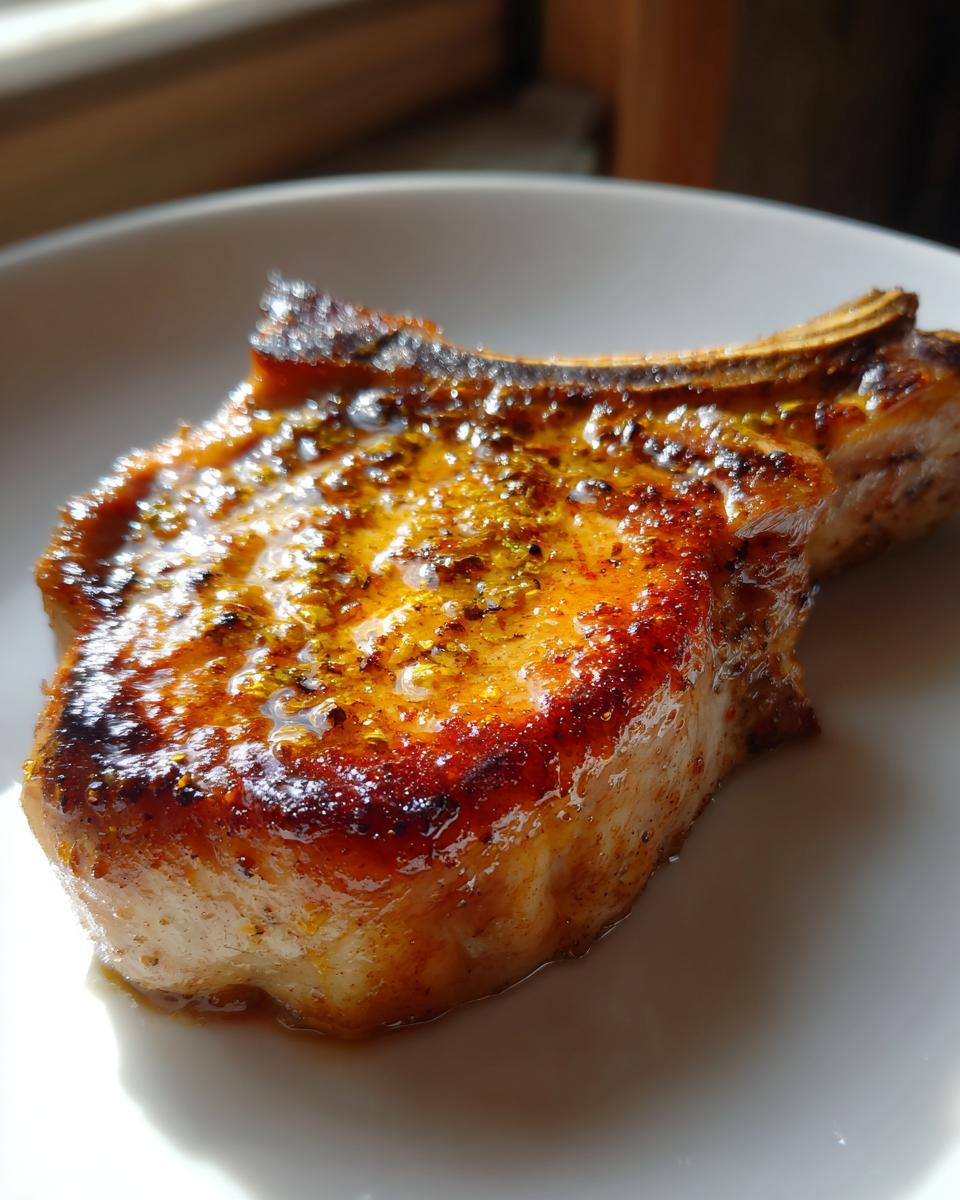 Close-up of a perfectly cooked, juicy air fryer pork chop with a golden-brown crust and visible seasoning.
