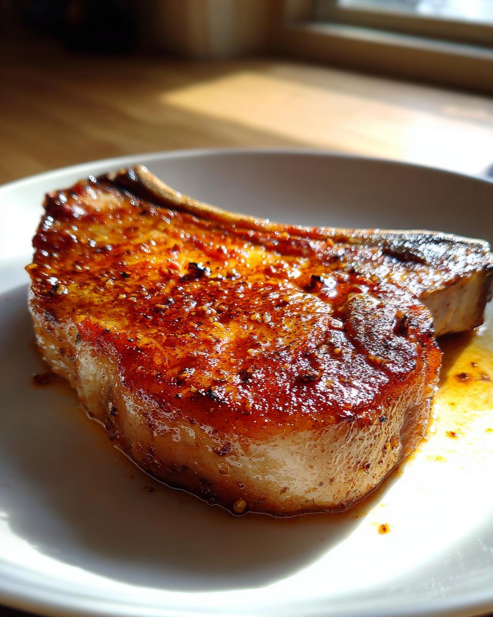 A perfectly cooked, juicy air fryer pork chop seasoned with spices, resting on a white plate.