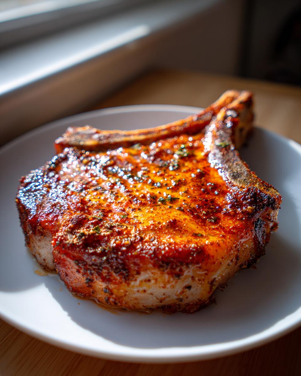 A perfectly cooked, juicy pork chop seasoned with spices, presented on a white plate. This is one of the best Air Fryer Recipes That Turn Pork Chops Juicy in Minutes.