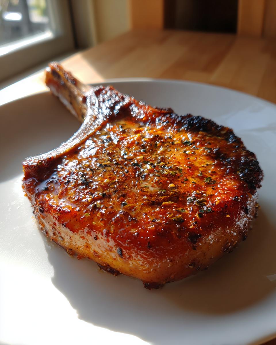 A perfectly cooked, juicy air fryer pork chop seasoned with herbs and spices, served on a white plate.