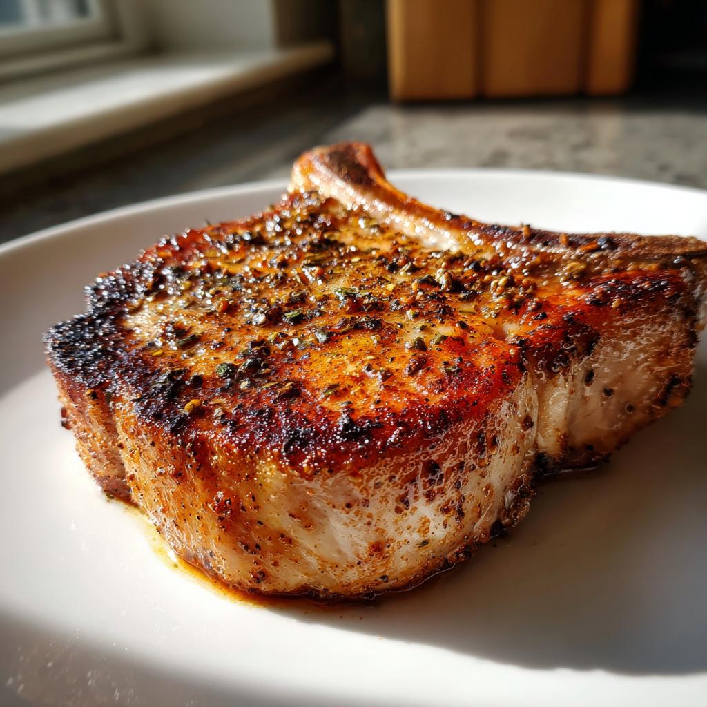A perfectly cooked, juicy air fryer pork chop seasoned with herbs and spices on a white plate.