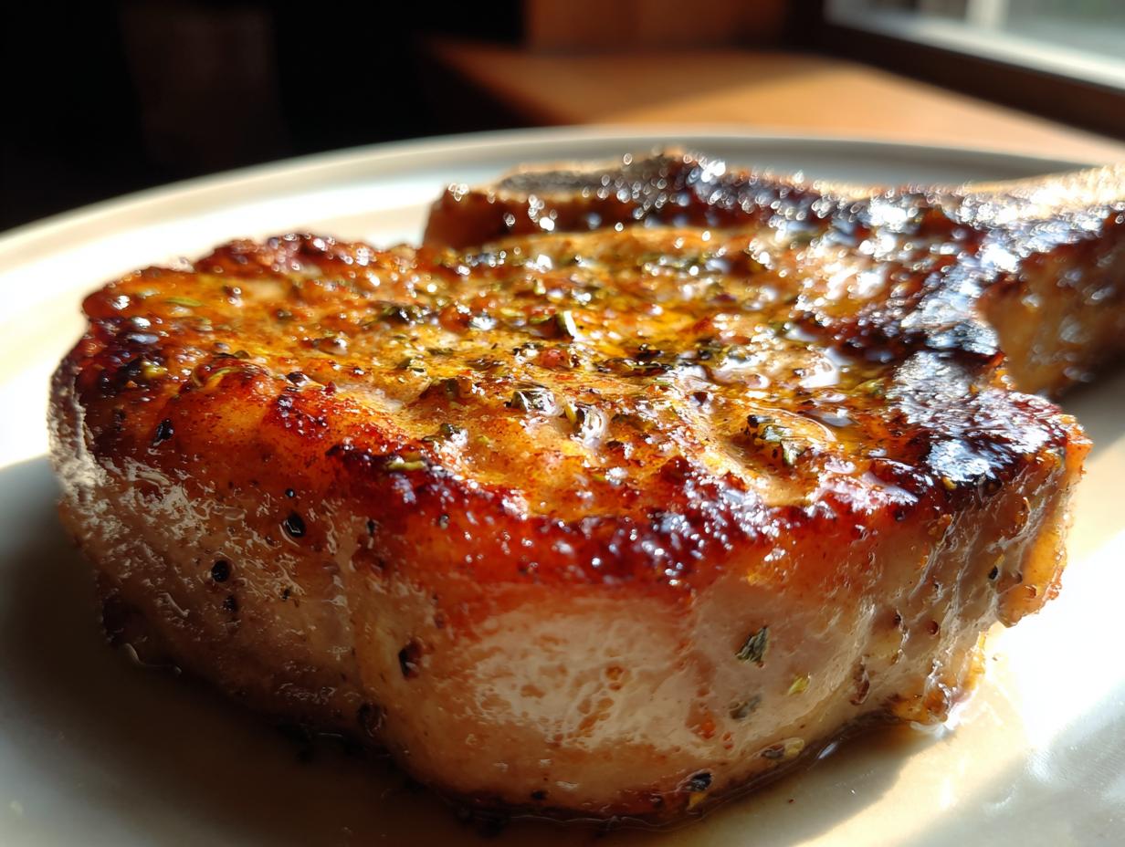 Close-up of a perfectly cooked, juicy air fryer pork chop seasoned with herbs.