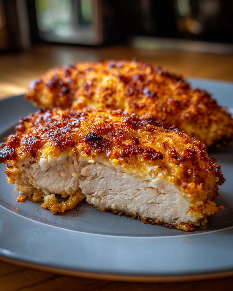 Close-up of a juicy baked Parmesan chicken breast, cut in half to show tender white meat and a golden-brown crispy coating.