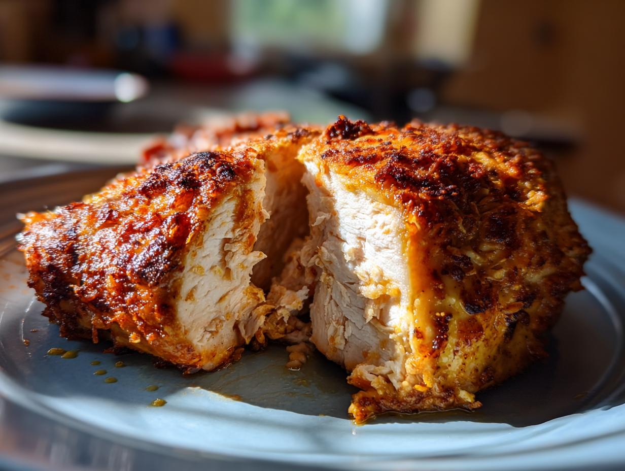 A close-up of a juicy baked parmesan chicken breast, cut in half to show the tender, white meat inside.