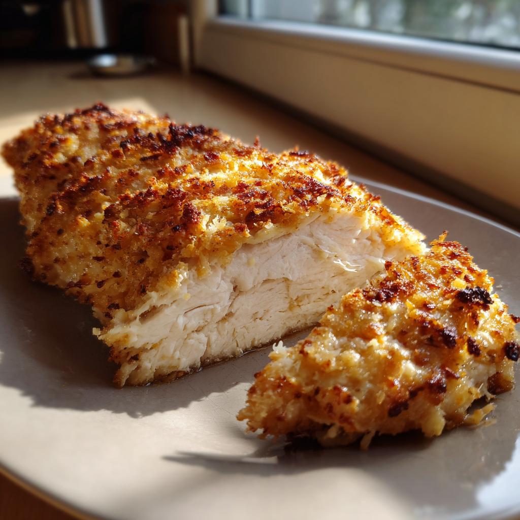 A close-up of a juicy baked parmesan chicken breast, sliced to reveal tender white meat and a golden-brown crispy coating.