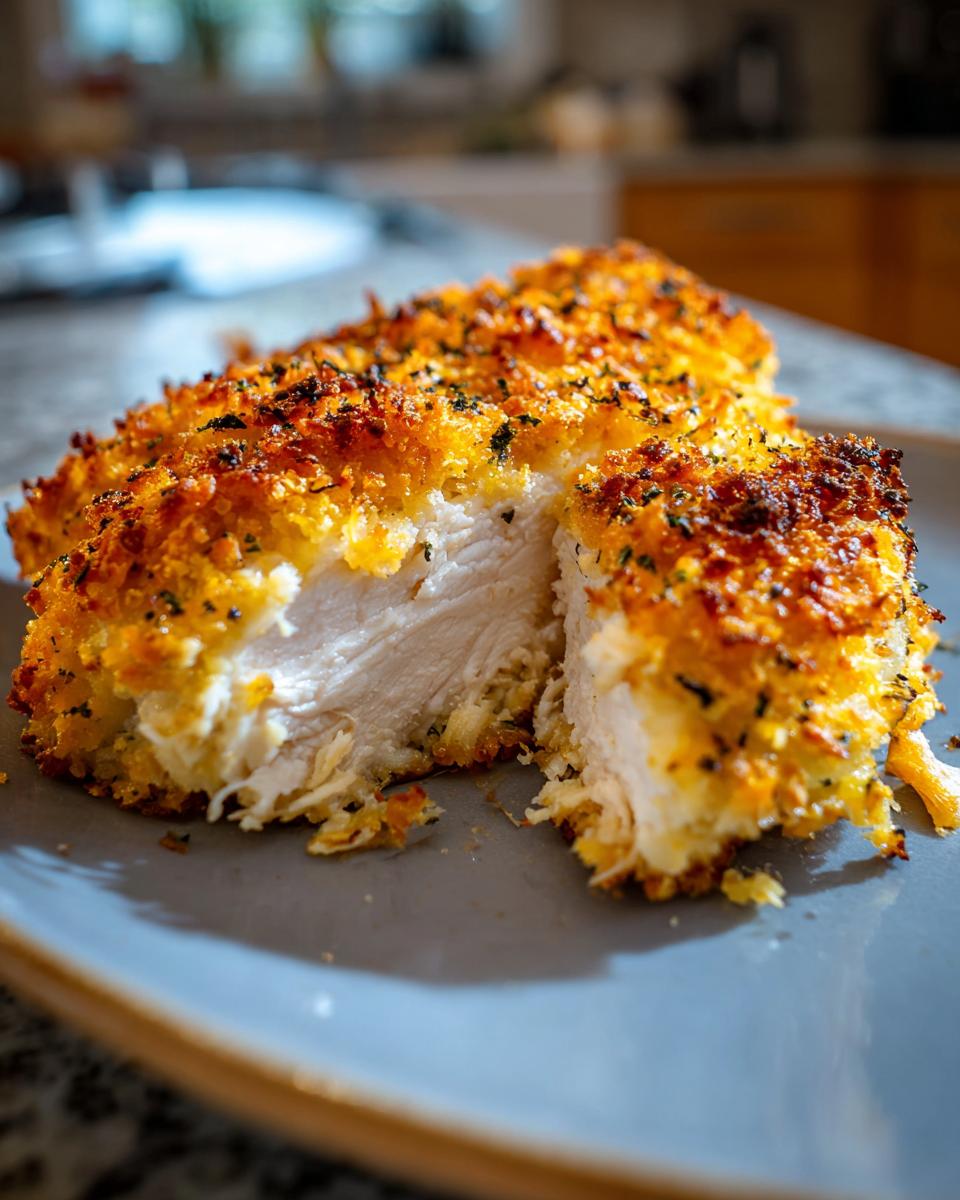 A close-up of a perfectly baked, juicy Parmesan chicken breast, showing its golden-brown crispy coating and tender white meat inside.