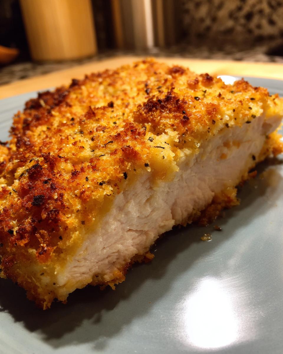 A close-up of a juicy baked Parmesan chicken breast slice, showing its golden-brown crispy coating and tender white meat.