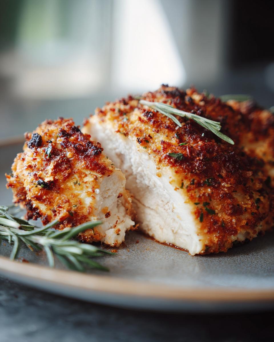 A close-up of a baked chicken breast, cut in half, revealing a juicy interior and a golden-brown, crispy parmesan crust.