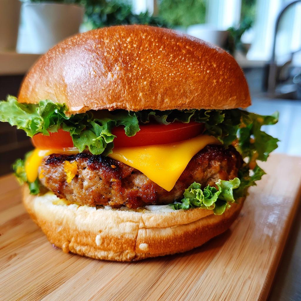 A close-up of a juicy turkey burger with melted cheese, lettuce, and tomato on a toasted bun.