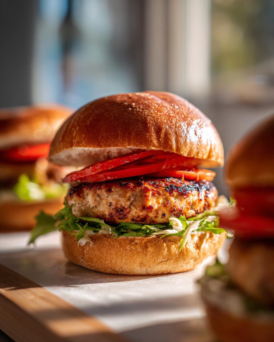 Close-up of a juicy turkey burger with lettuce and tomato on a toasted bun, part of grilling recipes.