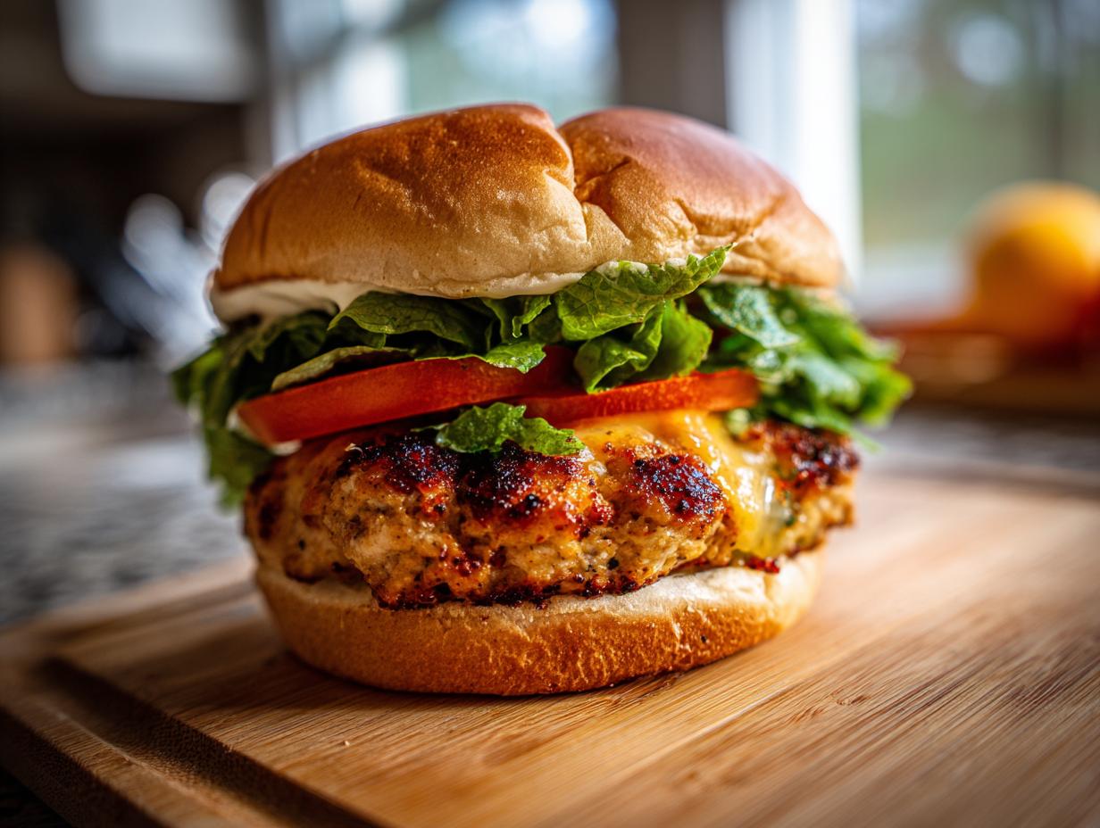A close-up of a juicy turkey burger with melted cheese, lettuce, and tomato on a toasted bun.
