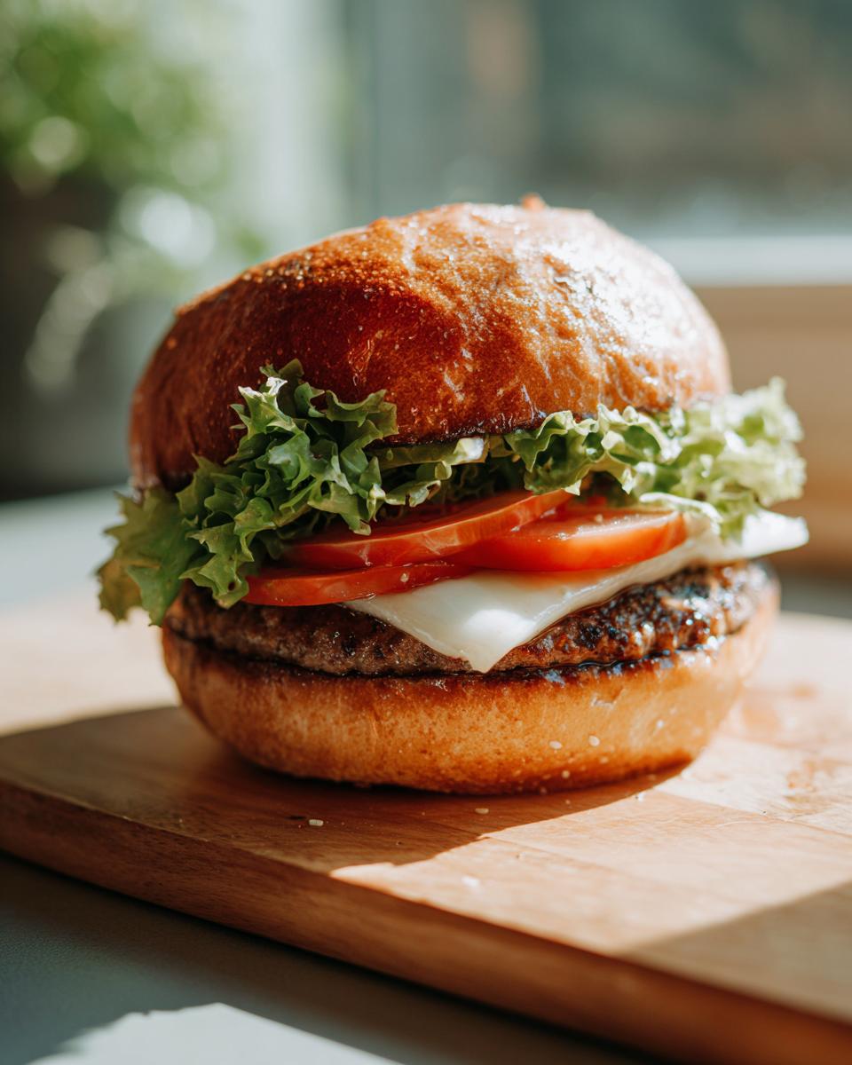 A close-up of a juicy turkey burger with lettuce, tomato, and cheese on a toasted bun, ready for grilling.