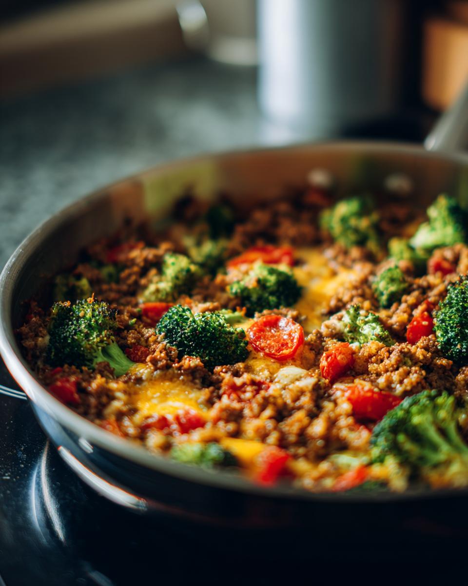 A close-up of a Keto Hamburger Broccoli Skillet in a pan, featuring ground beef, broccoli florets, and melted cheese.