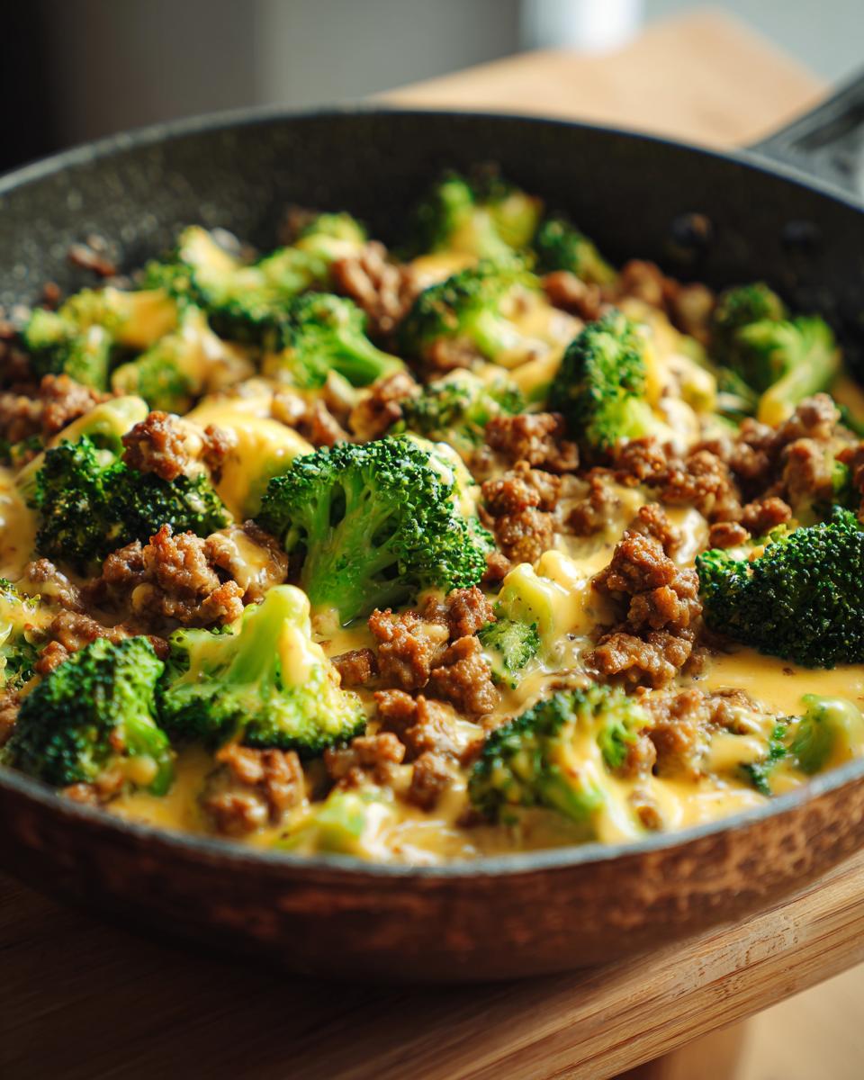Close-up of a Keto Hamburger Broccoli Skillet dish in a pan, featuring ground beef, broccoli florets, and melted cheese.