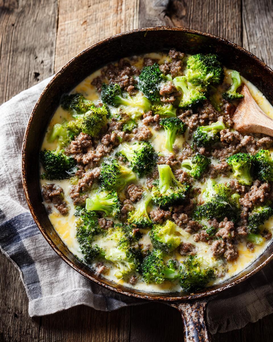 A close-up overhead view of a Keto Hamburger Broccoli Skillet with ground beef and broccoli florets in a creamy sauce.