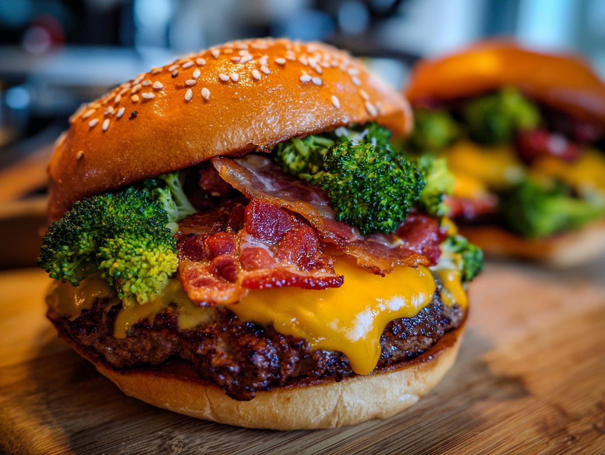 A delicious Keto Hamburger Broccoli Skillet burger with melted cheese and bacon on a sesame seed bun.