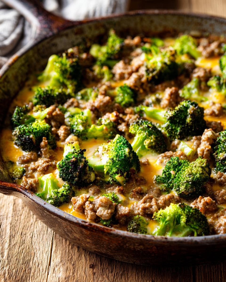 Close-up of a Keto Hamburger Broccoli Skillet in a cast iron pan, showing ground beef and broccoli florets in a cheesy sauce.