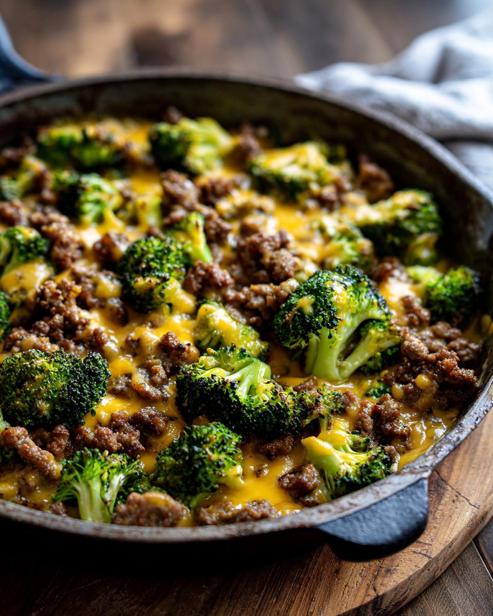 Close-up of a Keto Hamburger Broccoli Skillet with tender broccoli florets and seasoned ground beef topped with melted cheddar cheese.