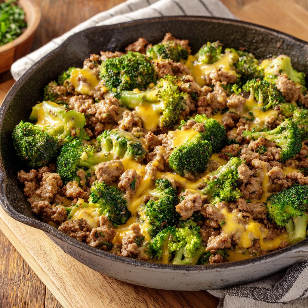 A close-up of a cast-iron skillet filled with Keto Hamburger Broccoli Skillet, featuring ground beef and broccoli topped with melted cheese.