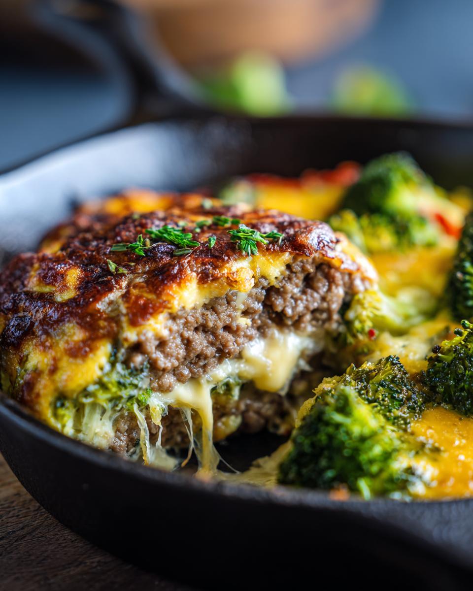 Close-up of a Keto Hamburger Broccoli Skillet with a slice cut out, showing melted cheese and ground beef.