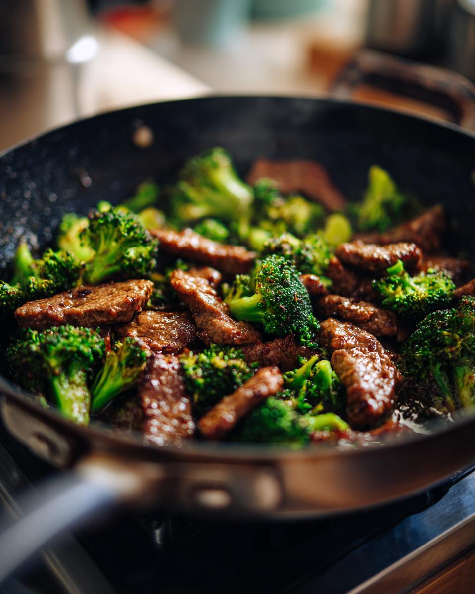 Close-up of Keto Hamburger Broccoli Skillet cooking in a pan with steam rising.