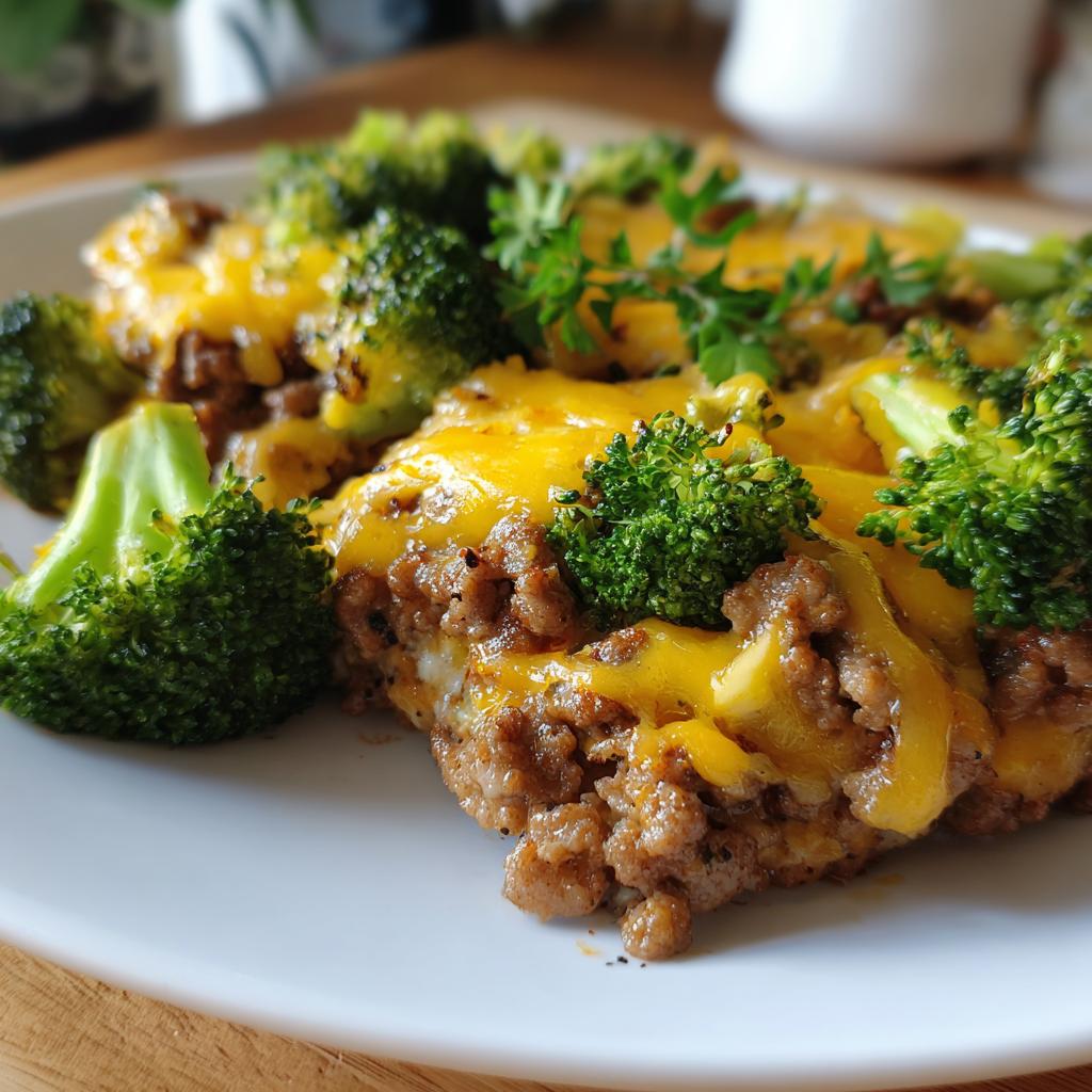 A delicious serving of Keto Hamburger Broccoli Skillet with melted cheese and fresh broccoli florets.