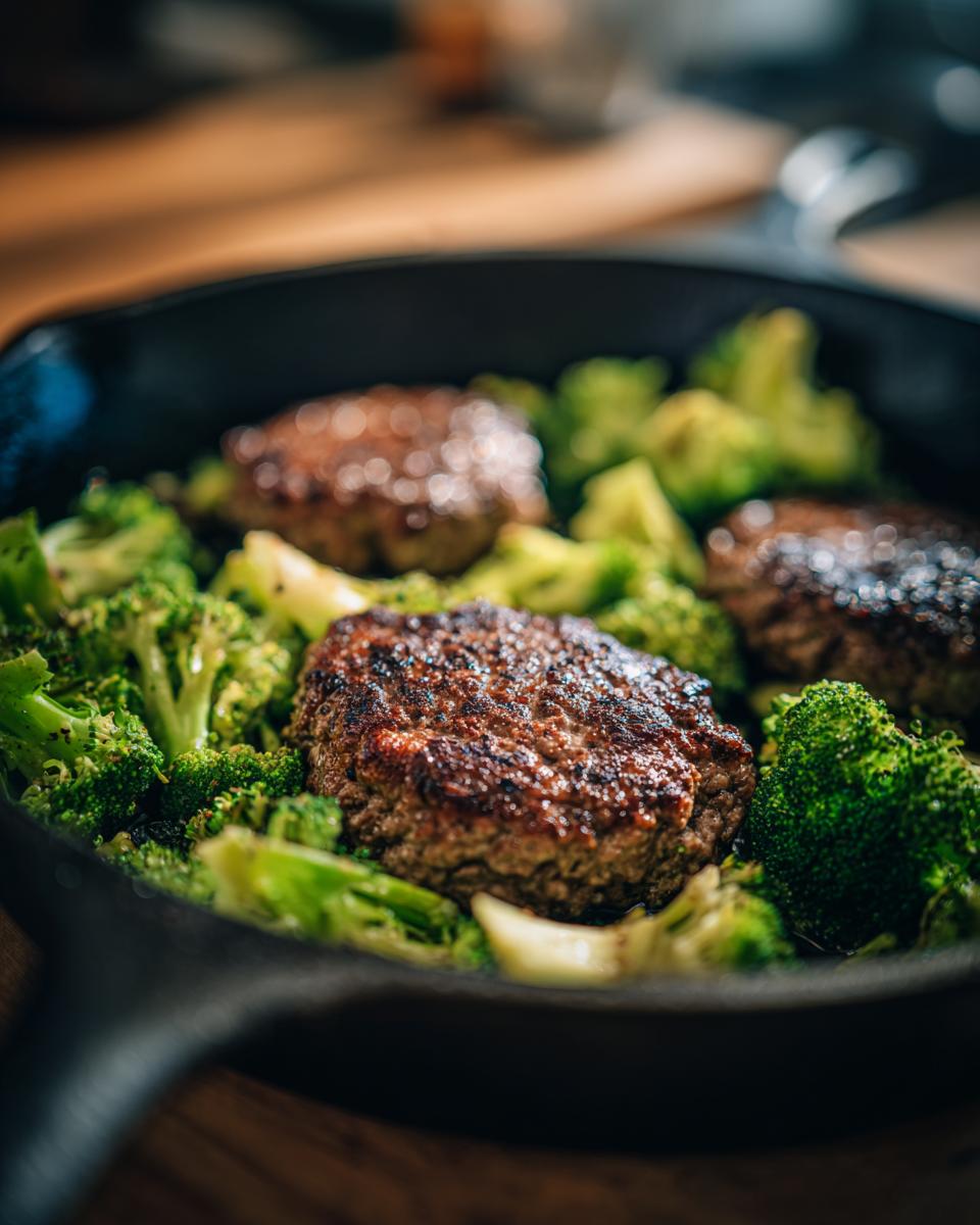 Close-up of a cast iron skillet filled with juicy hamburger patties and vibrant broccoli florets, a perfect Keto Hamburger Broccoli Skillet.