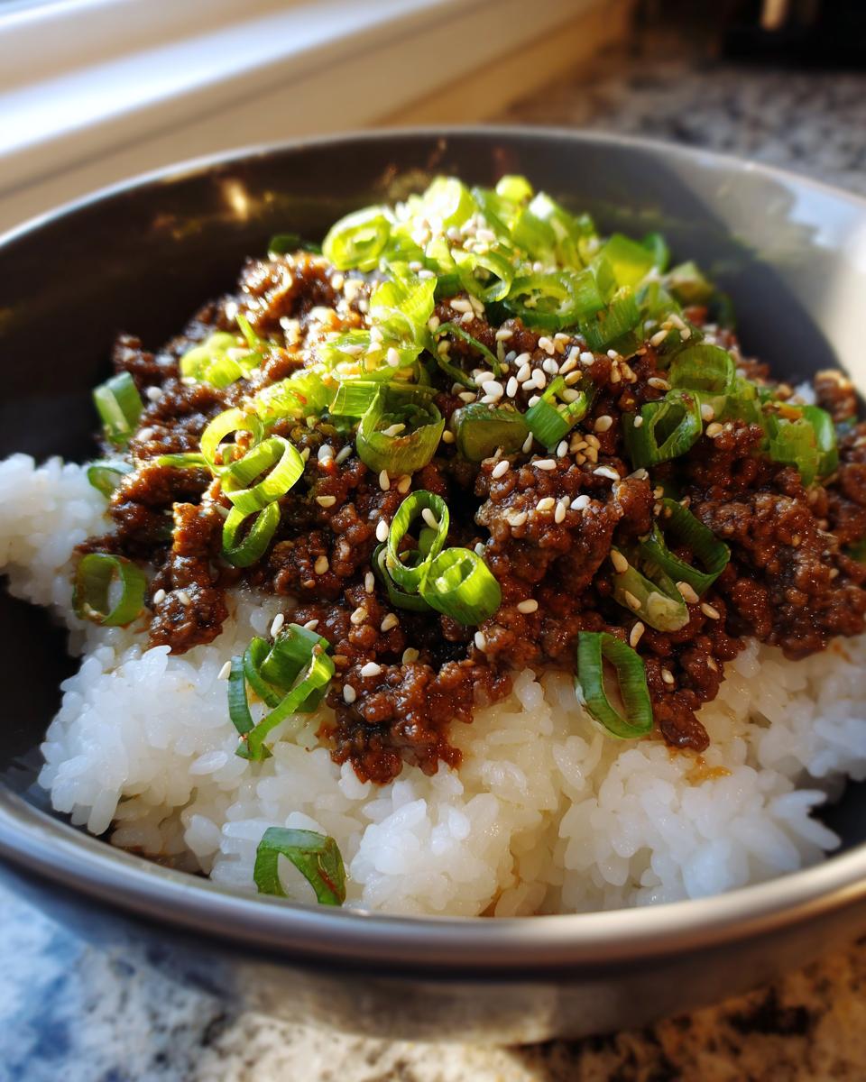 A close-up of a Korean beef rice bowl topped with ground beef, green onions, and sesame seeds.