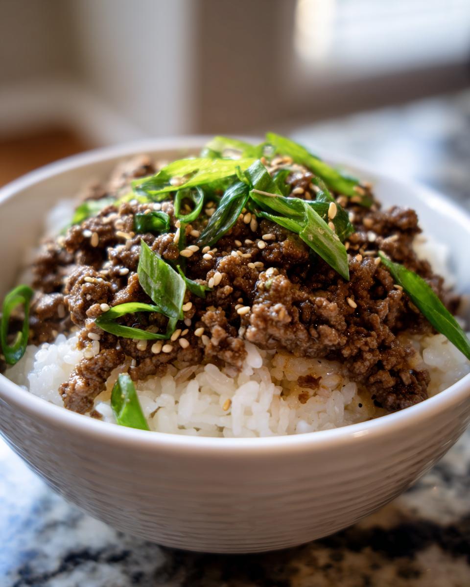 A close-up of a Korean beef rice bowl, featuring seasoned ground beef over white rice, topped with green onions and sesame seeds.