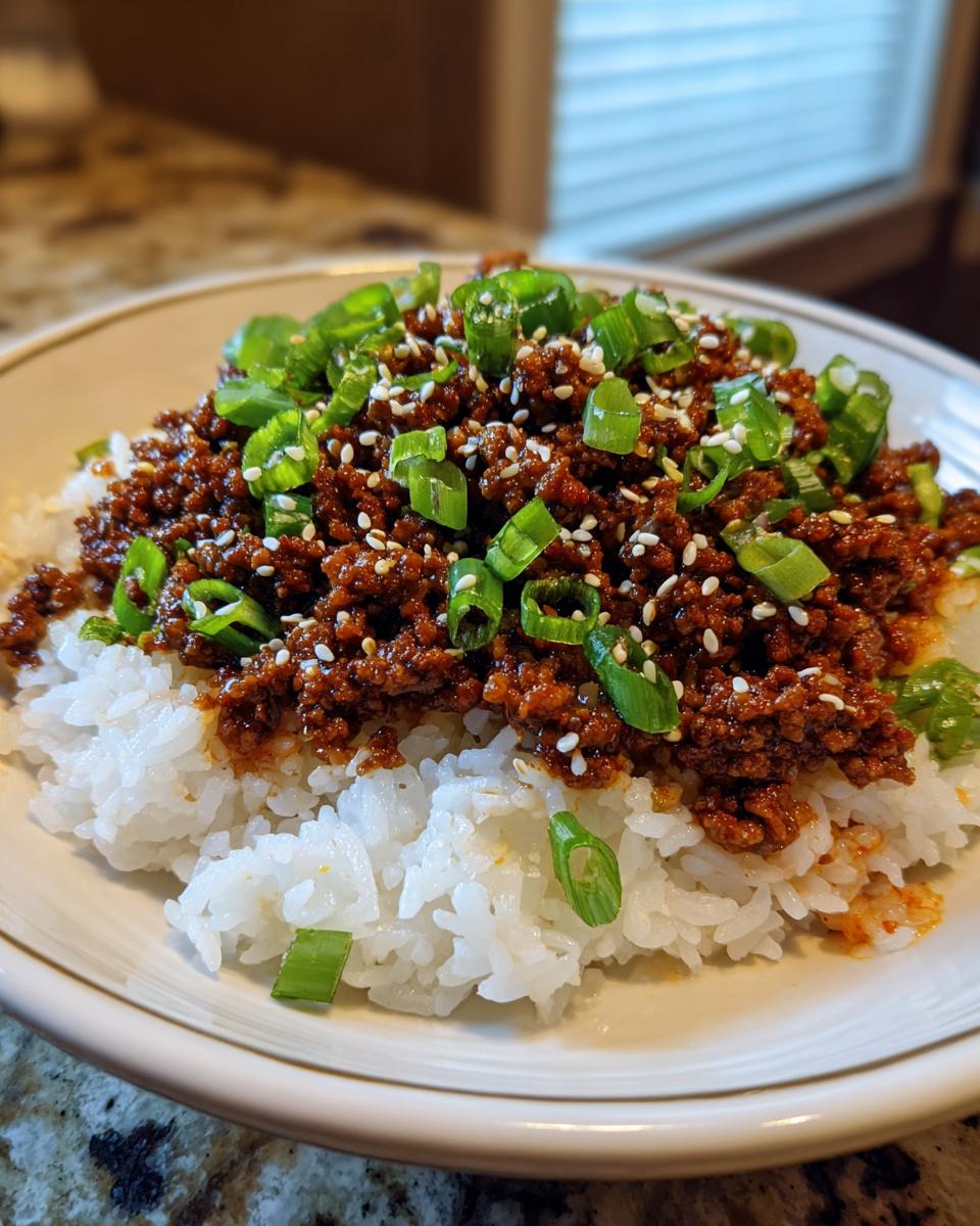 A close-up of a Korean beef bowl featuring seasoned ground beef over white rice, topped with chopped green onions and sesame seeds.
