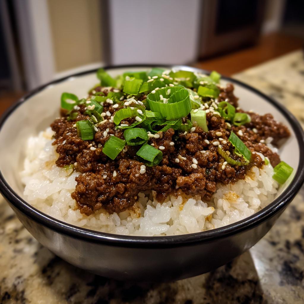 A close-up of a Korean beef rice bowl topped with ground beef, sesame seeds, and chopped green onions.