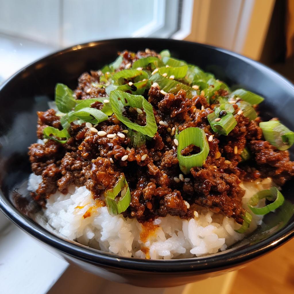 A close-up of a Korean Ground Beef Bowl, featuring seasoned ground beef over white rice, topped with chopped green onions and sesame seeds.
