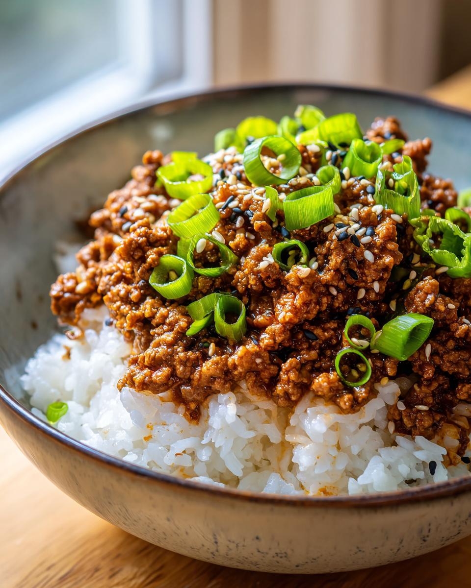 A close-up of a Korean Ground Beef Bowl, featuring seasoned ground beef over white rice, topped with chopped green onions and sesame seeds.