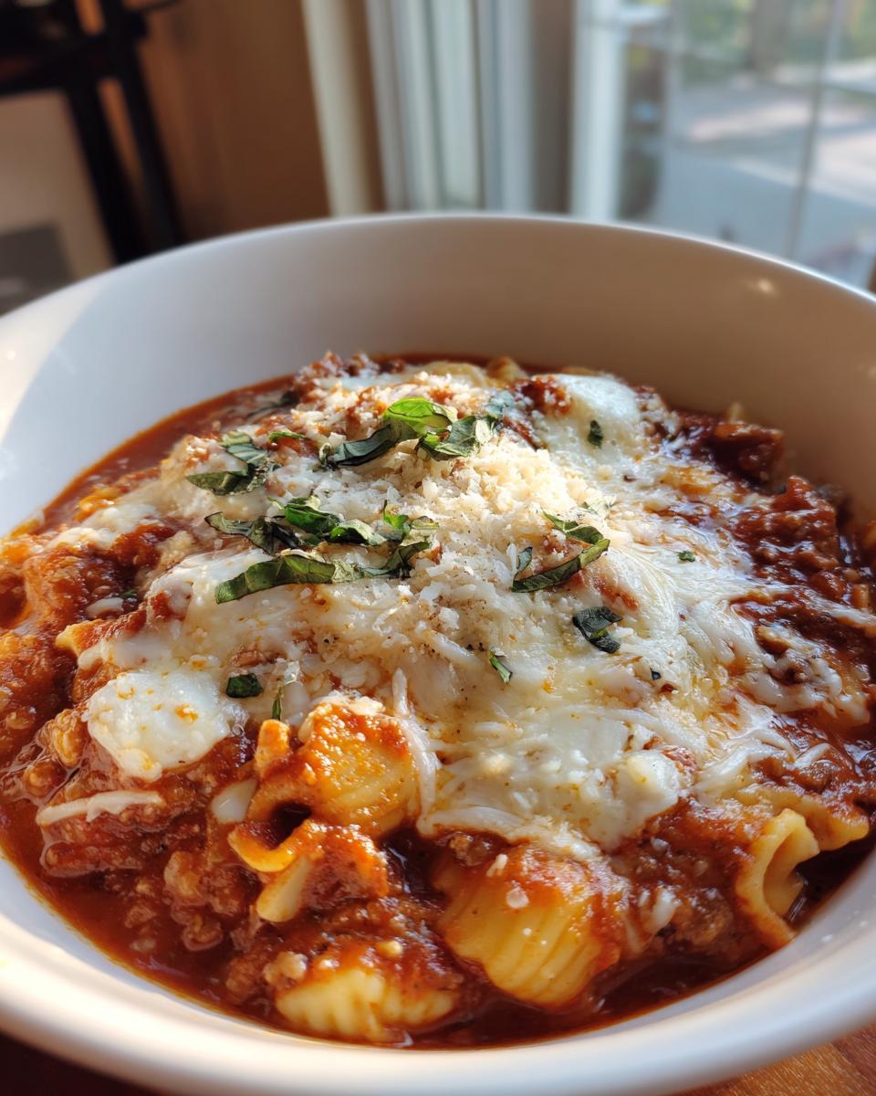 A close-up of hearty lasagna soup with pasta, rich meat sauce, and a generous topping of melty cheese and fresh basil.