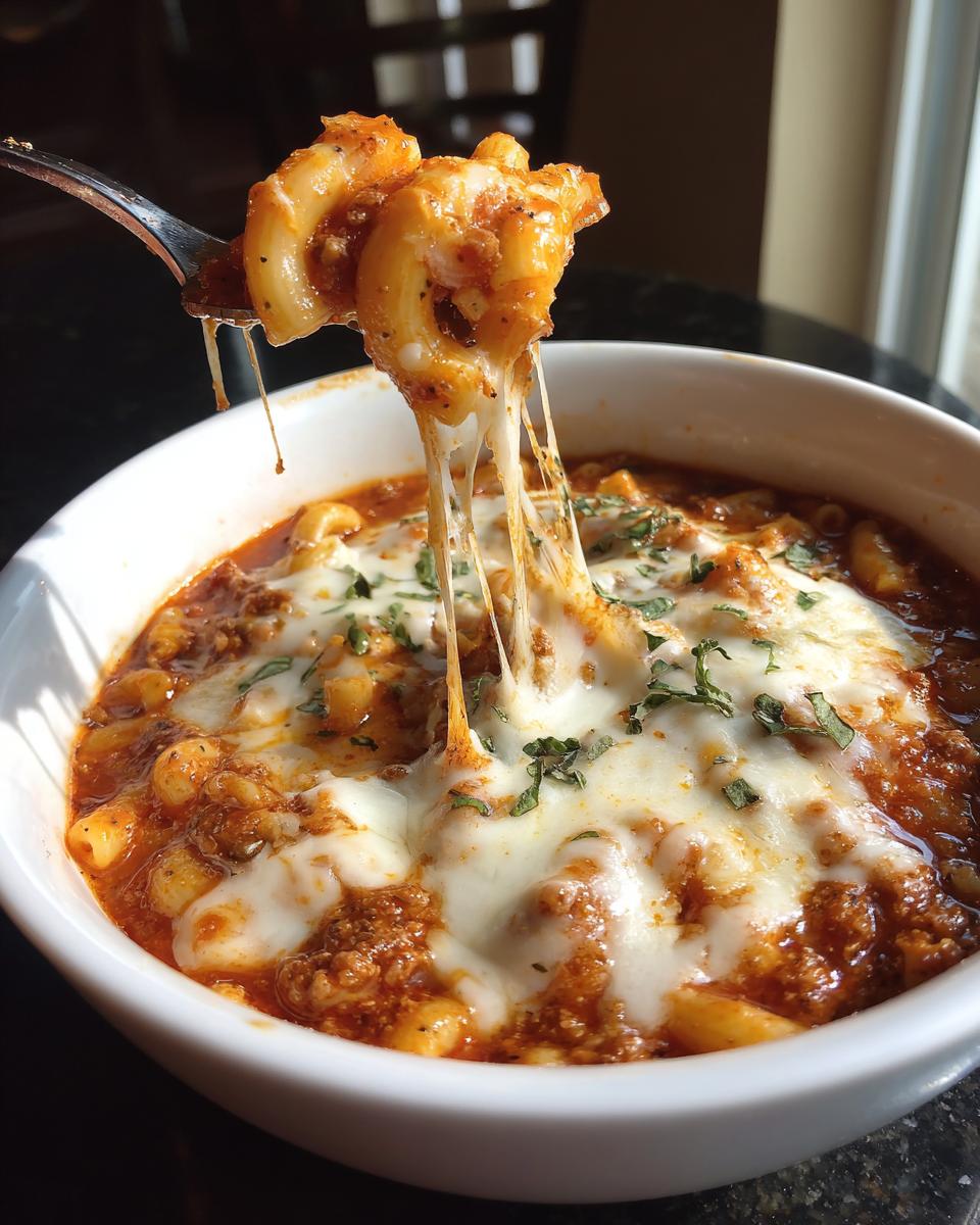 A fork lifting a serving of lasagna soup with gooey, melty cheese stretching from the bowl.