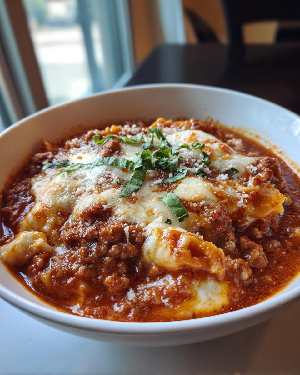 A bowl of hearty Lasagna Soup with rich tomato sauce, ground meat, pasta, and topped with melty cheese and fresh basil.